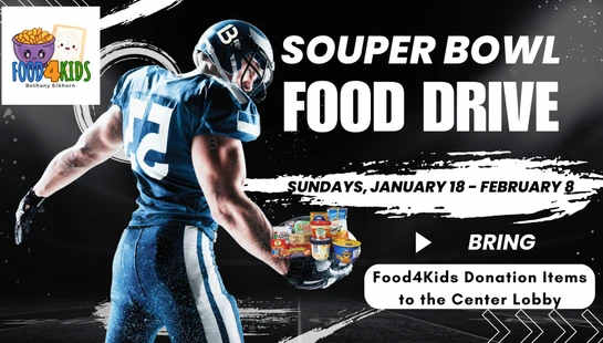 A football player holds food donations in an ad for the Souper Bowl Food Drive for Food4Kids, running from January 18 to February 8.